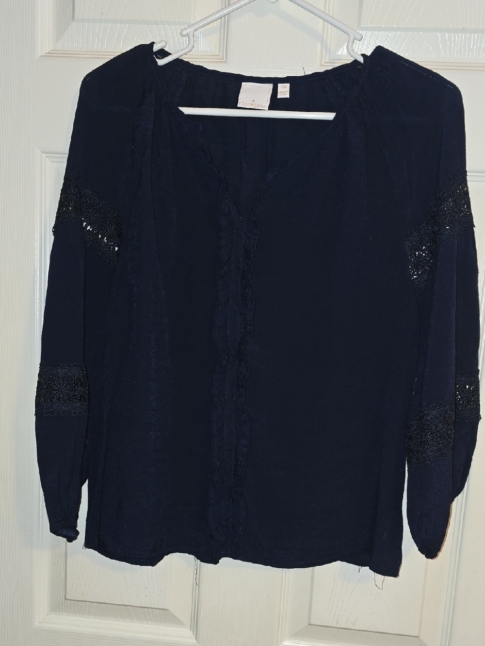 Sharagano Navy Long-Sleeve‎ Lace-Inset Blouse